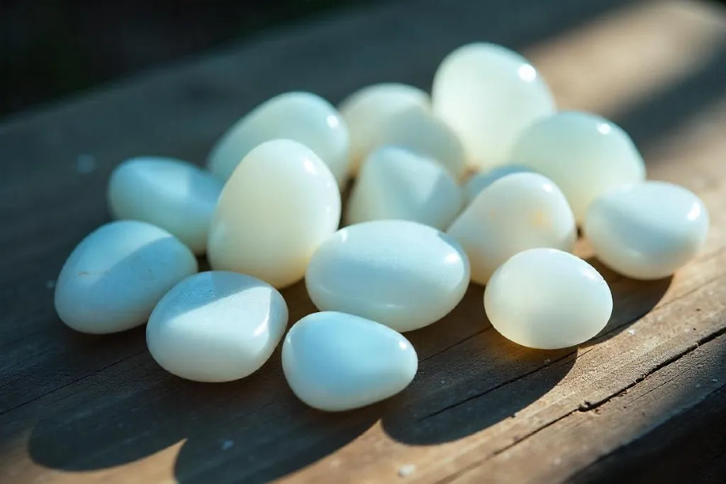 Polerede mælkesten af hvid chalcedon i en bunke