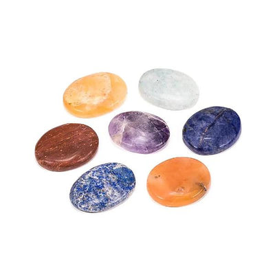 7 chakra sten sæt – flade, ovale sten i fløjlspose, 3 cm